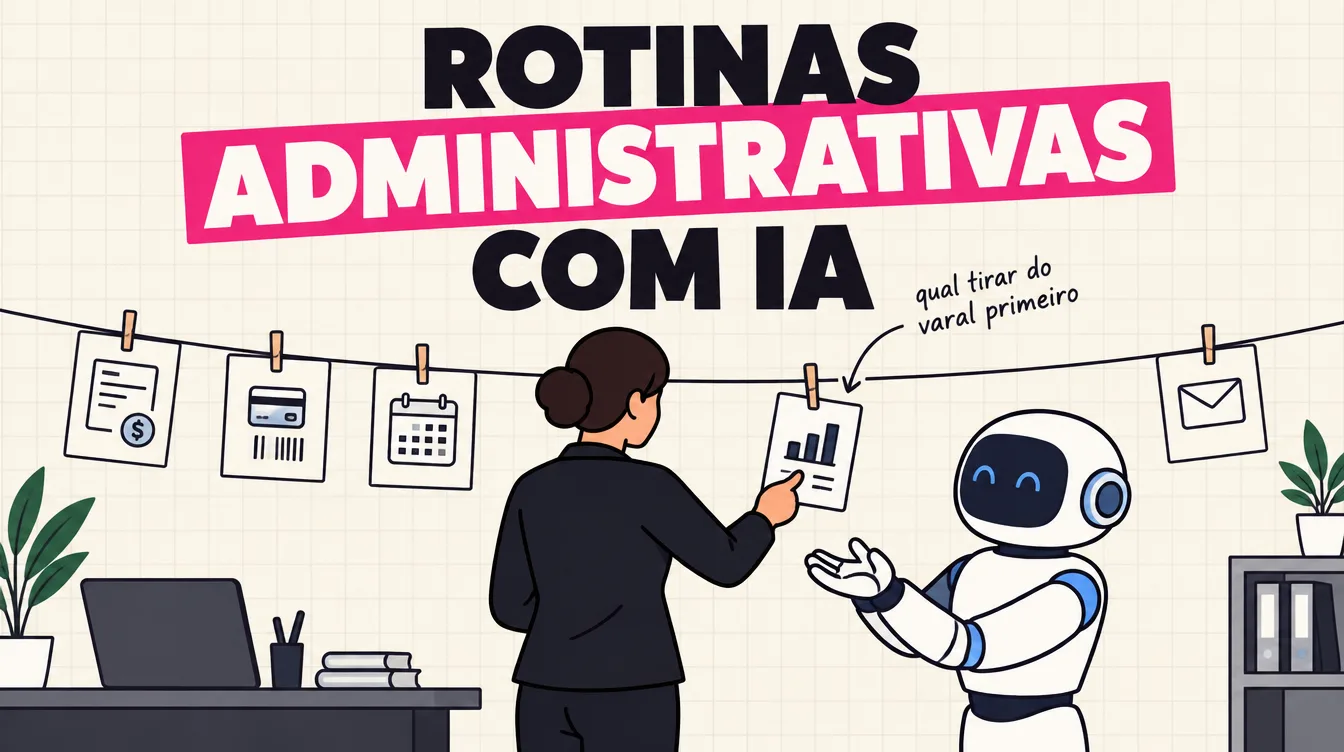 Dona da empresa tira uma ficha do varal de tarefas do administrativo e entrega a um robô que espera ao lado