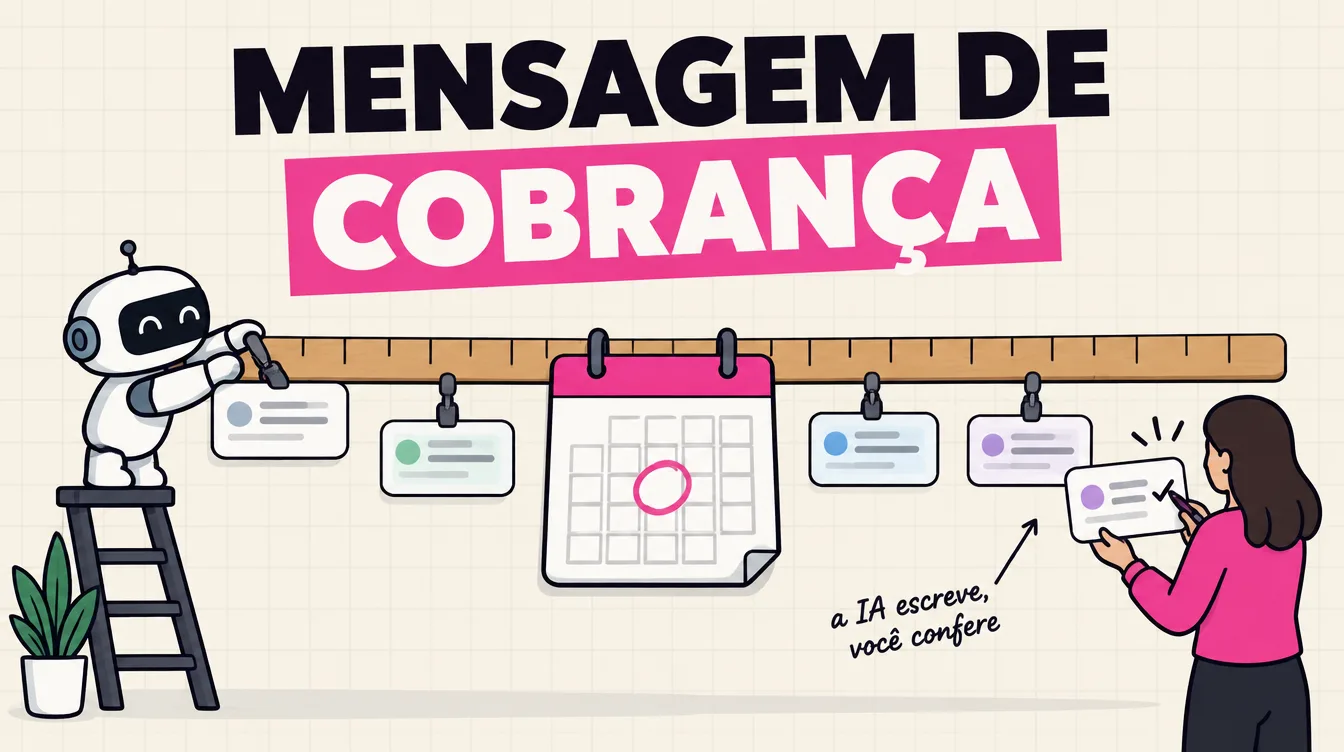 Régua gigante vira linha do tempo com balões de cobrança antes e depois do vencimento; uma pessoa confere um balão