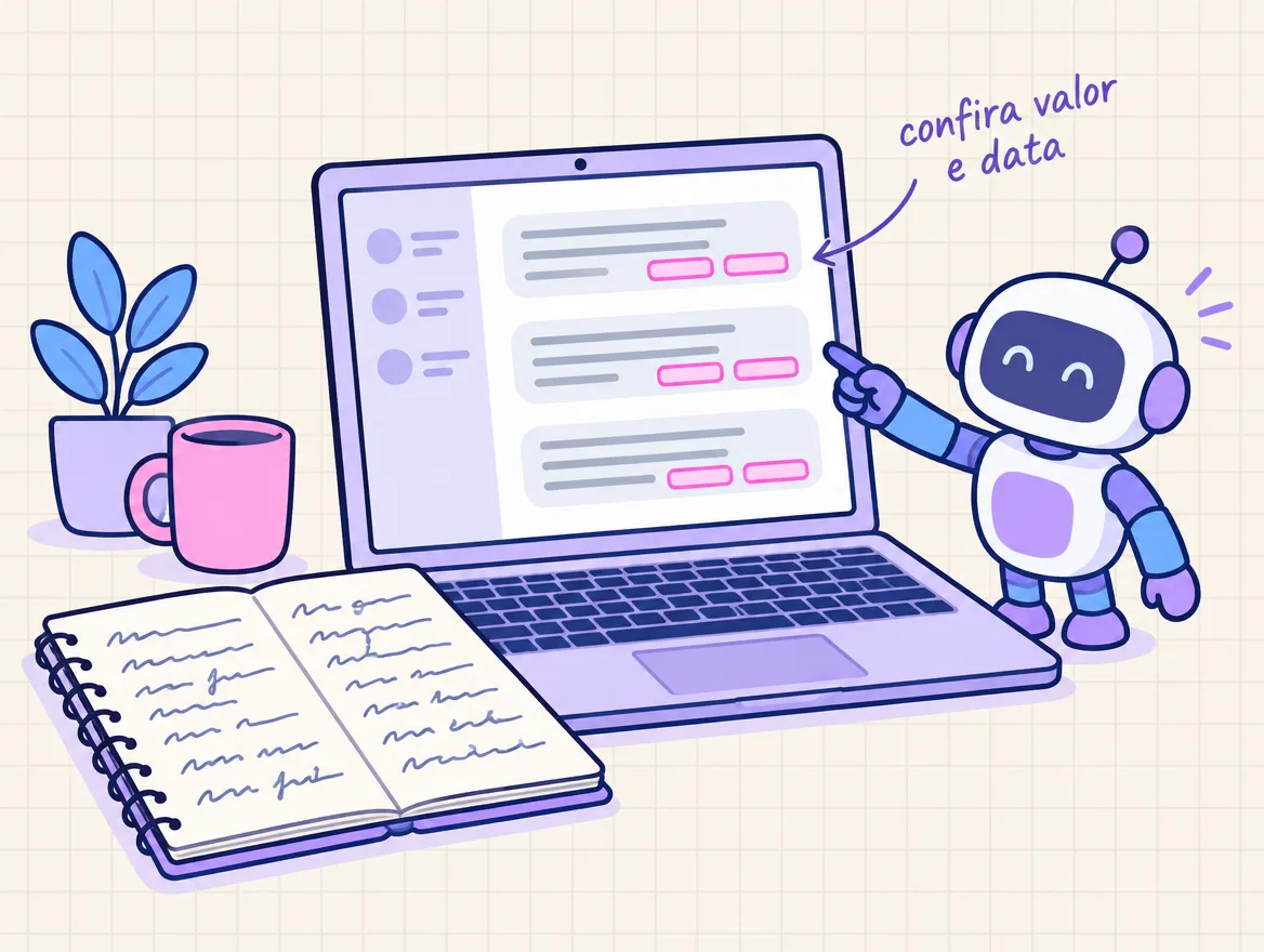 Caderno de anotações ao lado do notebook, onde um robô aponta os campos de valor e data em cada balão de cobrança