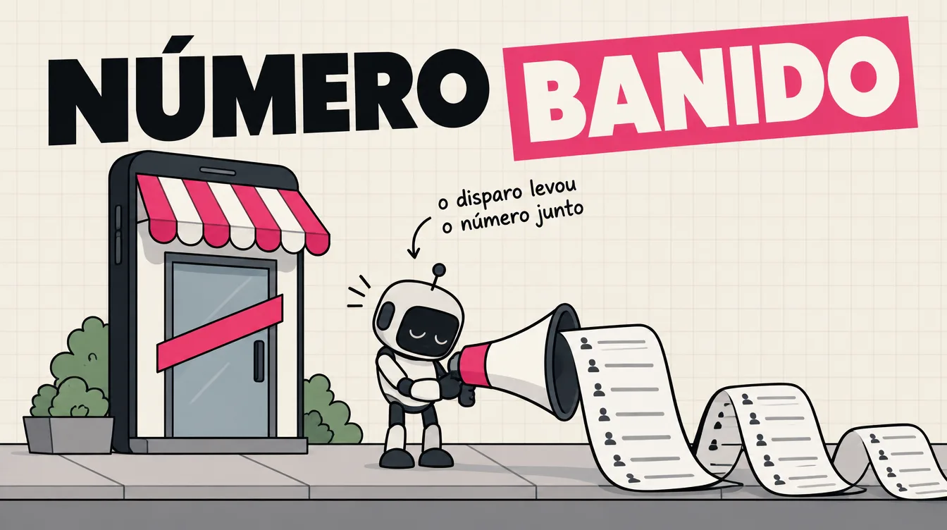 Robozinho com megafone na porta de um celular gigante fechado com fita, uma lista enorme de contatos espalhada pela calçada