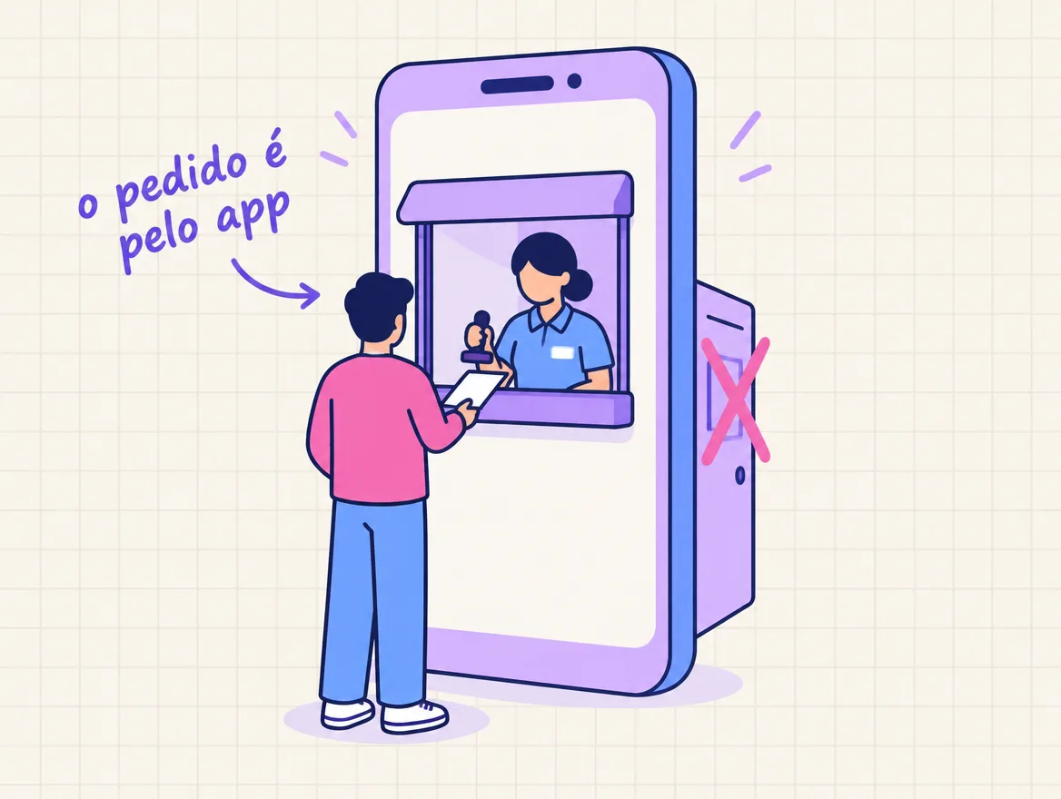 Pessoa entrega um pedido no guichê aberto na tela de um celular gigante; a porta lateral está riscada