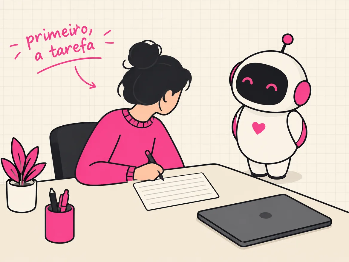 Pessoa escreve a ficha da tarefa enquanto um robô espera em pé ao lado da mesa, com o notebook ainda fechado