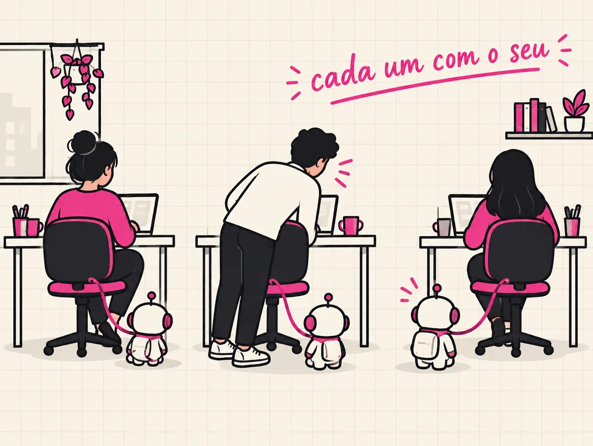 Três mesas, cada pessoa com o seu robozinho preso à cadeira por uma cordinha; um colega se debruça na mesa do vizinho