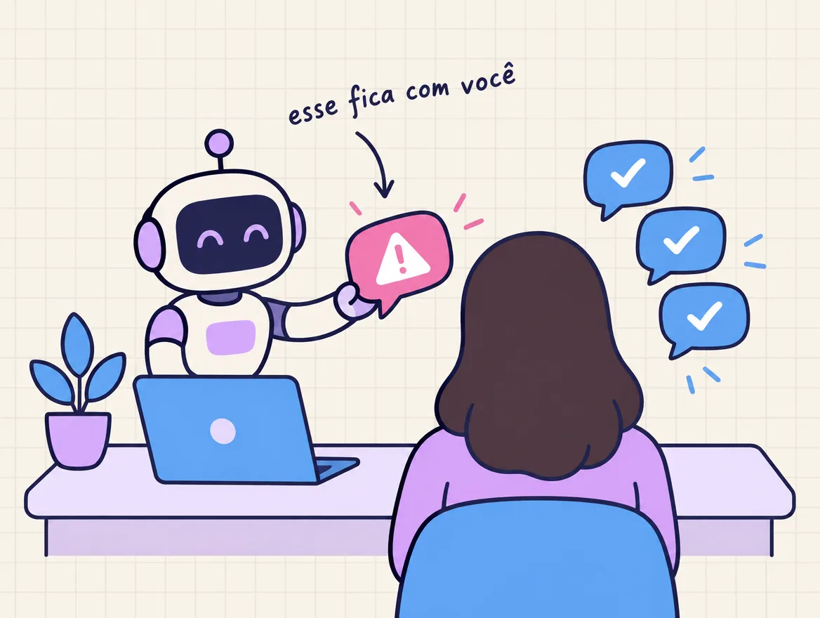 Robozinho entrega um balão com sinal de alerta a uma pessoa na mesa, ao lado de balões simples já respondidos