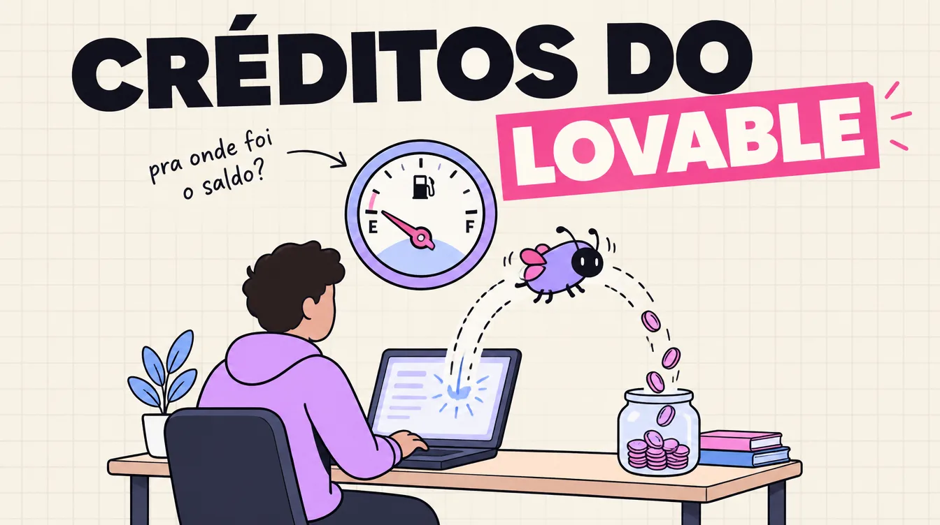 Pessoa no notebook vê o marcador de crédito perto do vazio enquanto um bichinho de erro volta da tela e moedas caem num pote