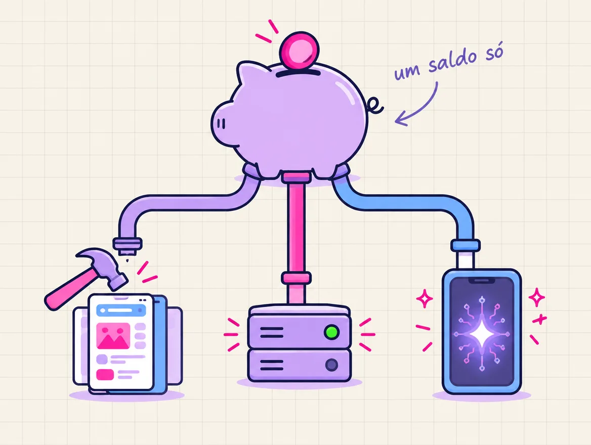 Um cofrinho único alimenta três canos: um martelo montando telas, um servidor ligado e uma faísca de IA dentro de um app