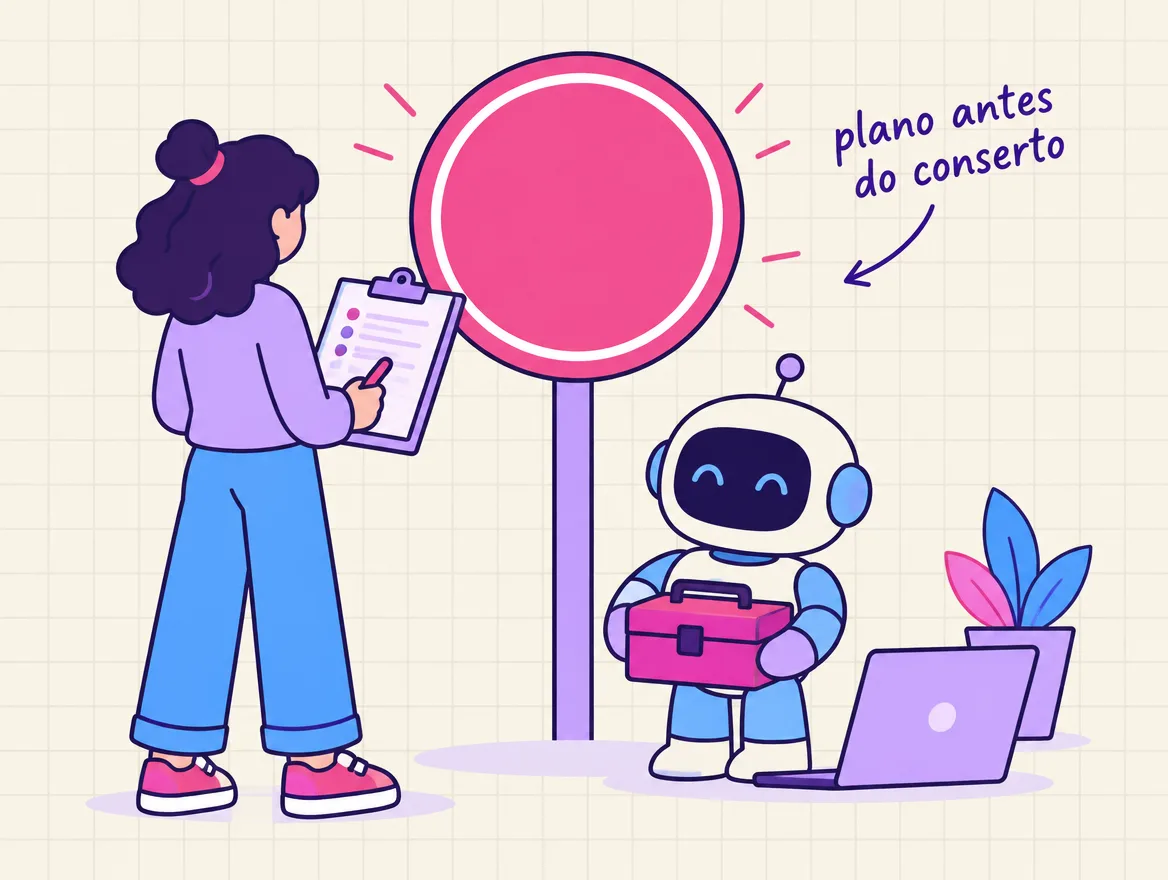 Pessoa para diante de uma placa de pare e anota o plano enquanto um robozinho espera com a caixa de ferramentas fechada