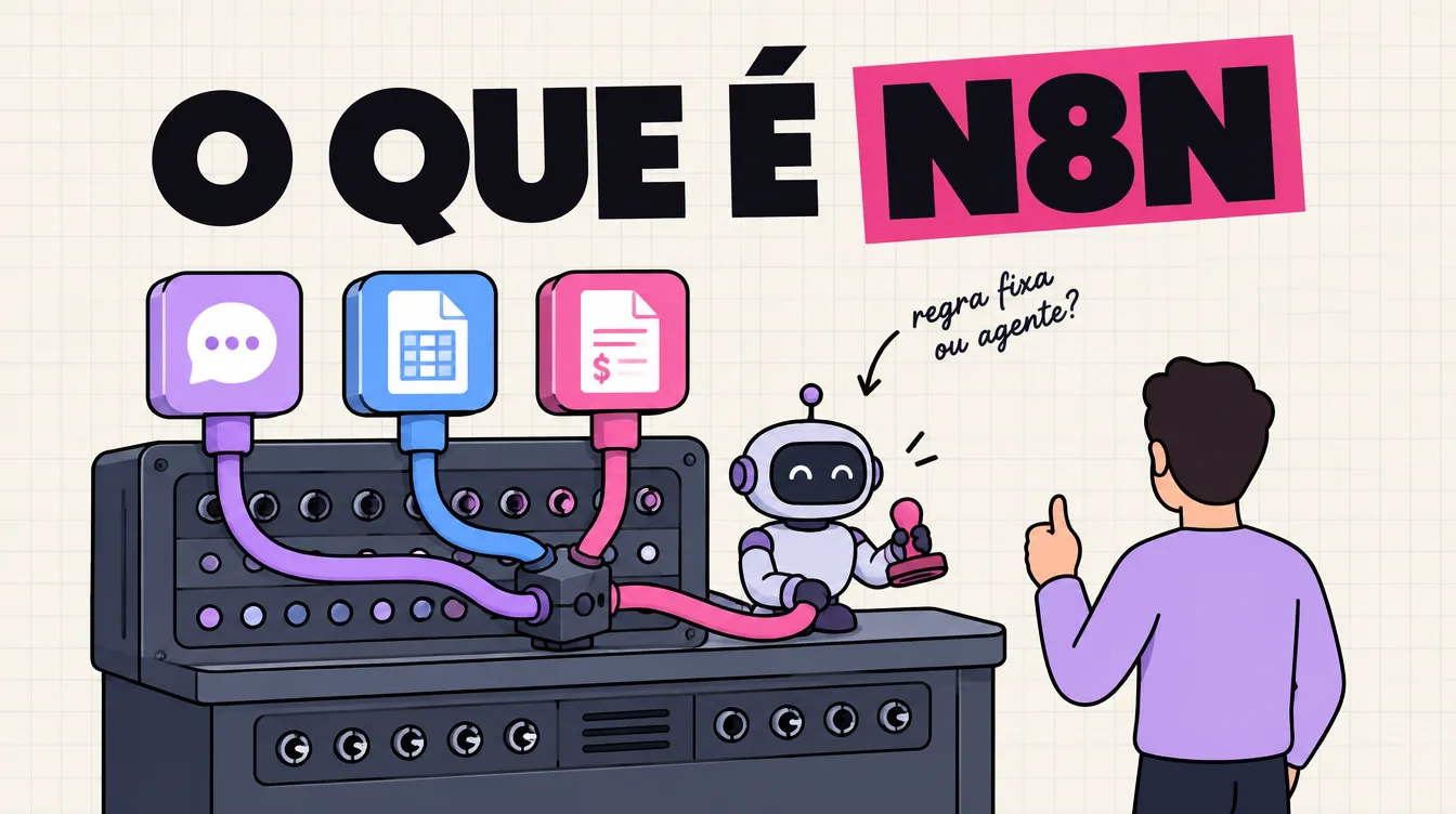 Robô com carimbo numa mesa de cabos que liga conversa, planilha e nota, esperando o sinal de ok de uma pessoa