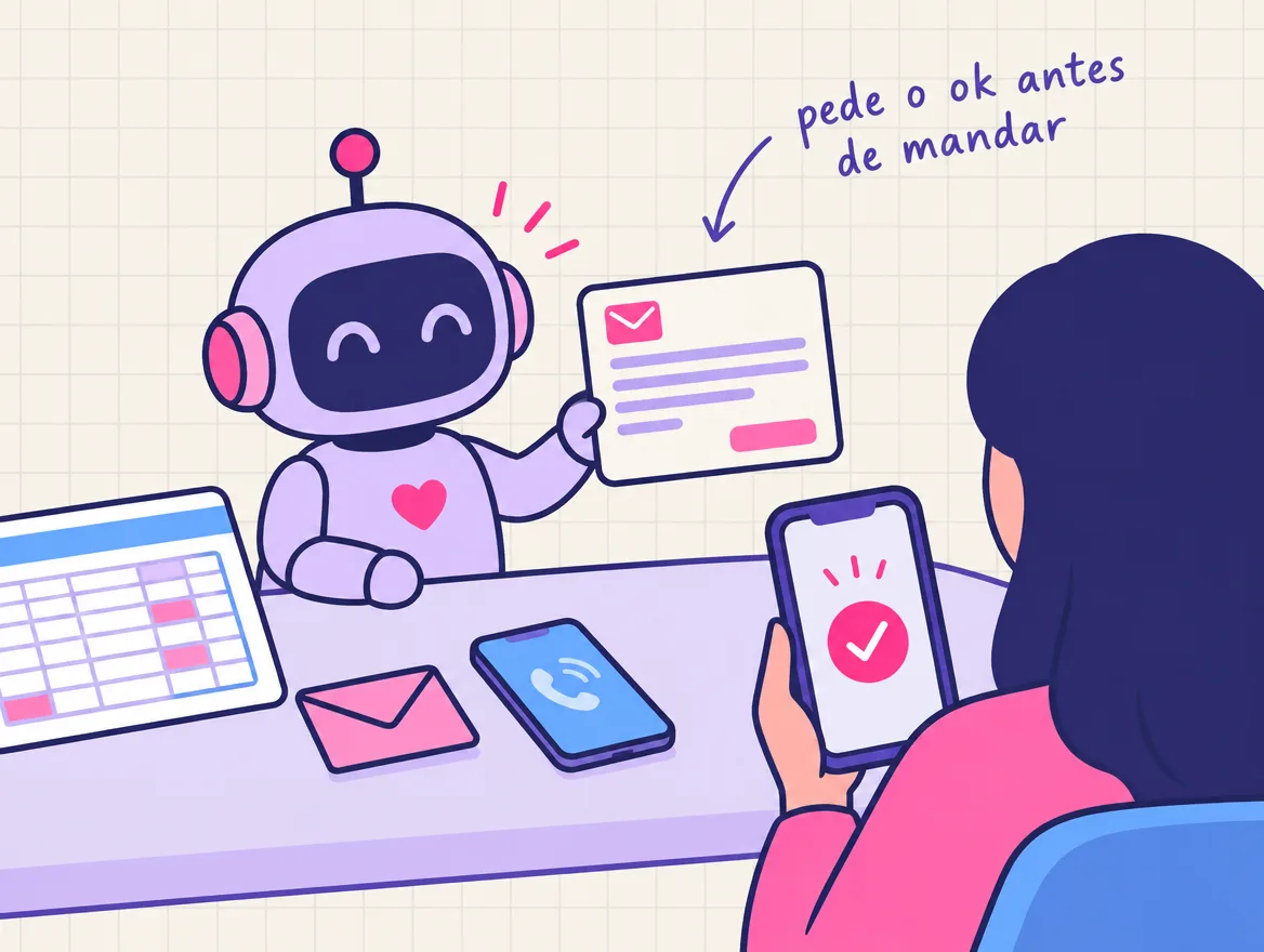 Robô na mesa com planilha, envelope e telefone mostra uma mensagem pronta a uma pessoa, que segura o celular para aprovar
