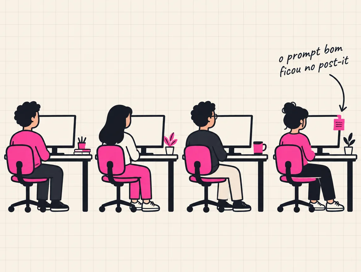 Fileira de mesas: só um monitor tem o post-it com o prompt bom, os colegas olham telas vazias
