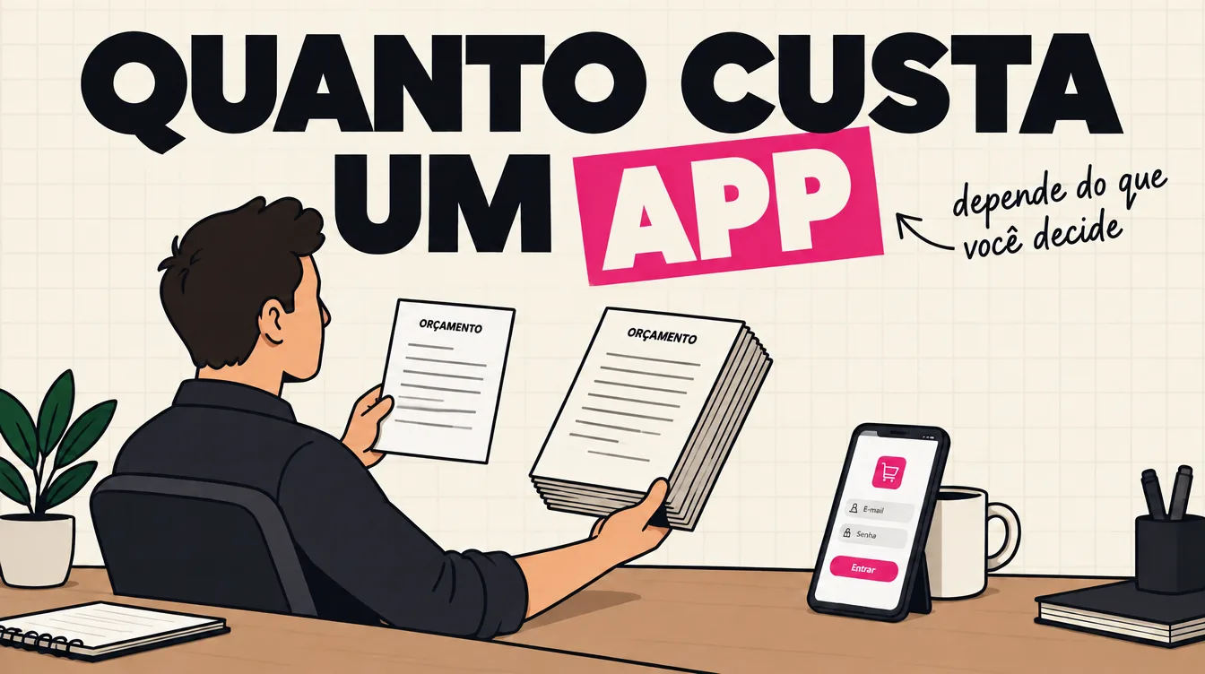 Dono de empresa compara um orçamento fino e um grosso enquanto o celular na mesa mostra um app montado com IA