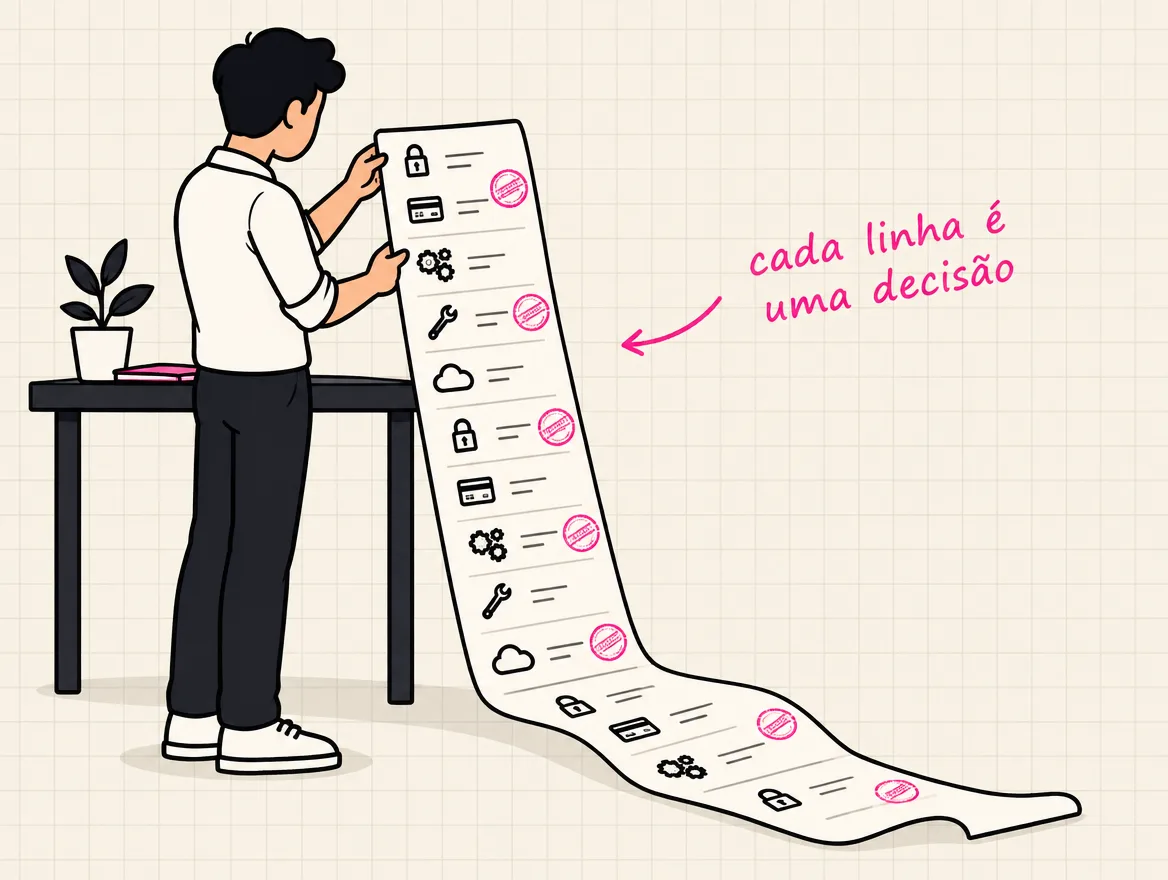 Comanda comprida em que cada linha é uma parte do app, como login, pagamento e integração, algumas carimbadas