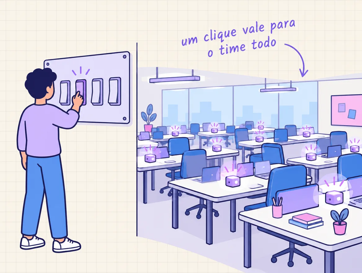Pessoa liga um interruptor no painel e a mesma caixinha acende em todas as mesas do escritório