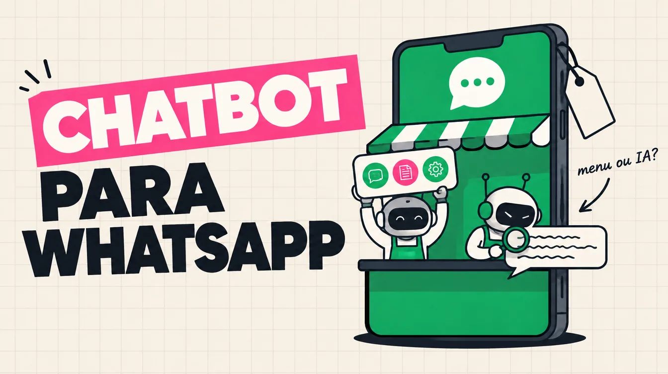 Celular gigante como balcão, com um robô de placa de botões e outro que lê o pedido com lupa, e uma etiqueta de preço