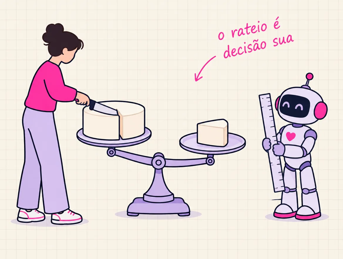Pessoa corta um bolo em fatias desiguais sobre os pratos de uma balança, com um robô ao lado segurando uma régua