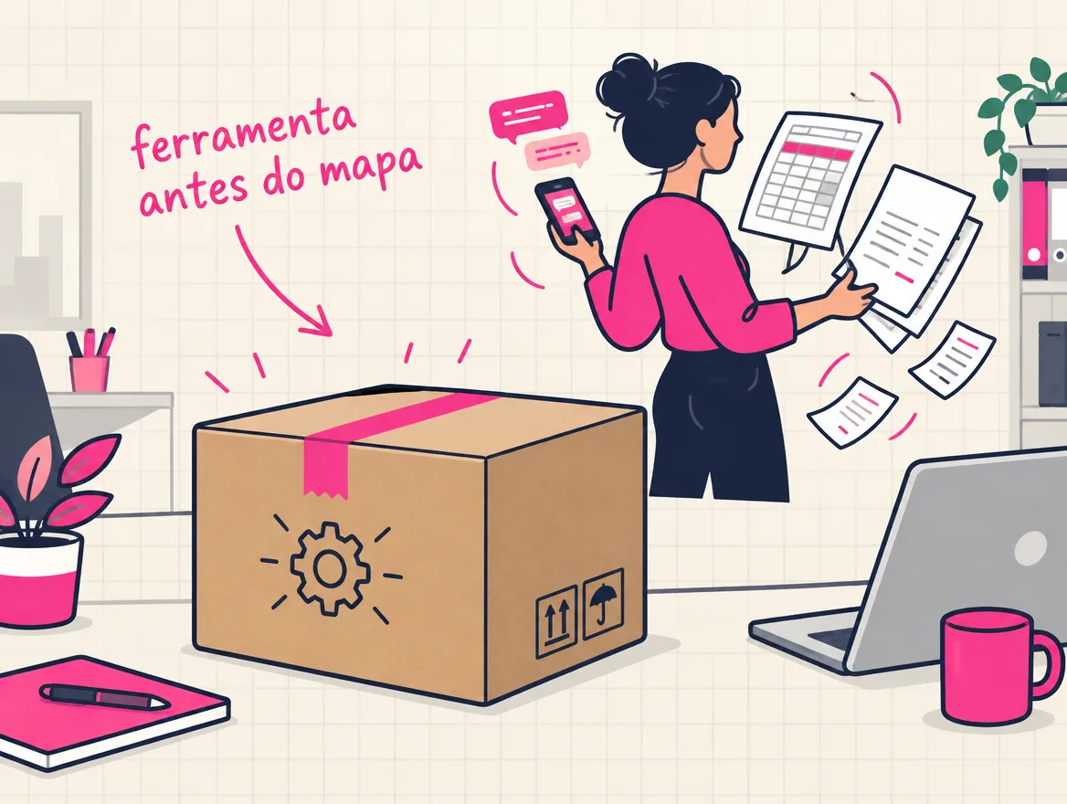 Caixa fechada de uma ferramenta nova no meio do escritório, enquanto uma pessoa equilibra celular, planilha e faturas