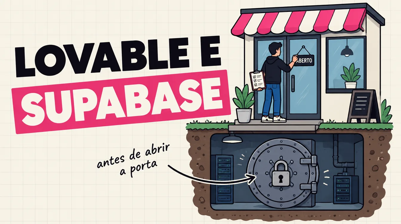 Fundador vira a placa da loja para aberto com uma prancheta na mão; no porão, em corte, um cofre de dados com cadeado