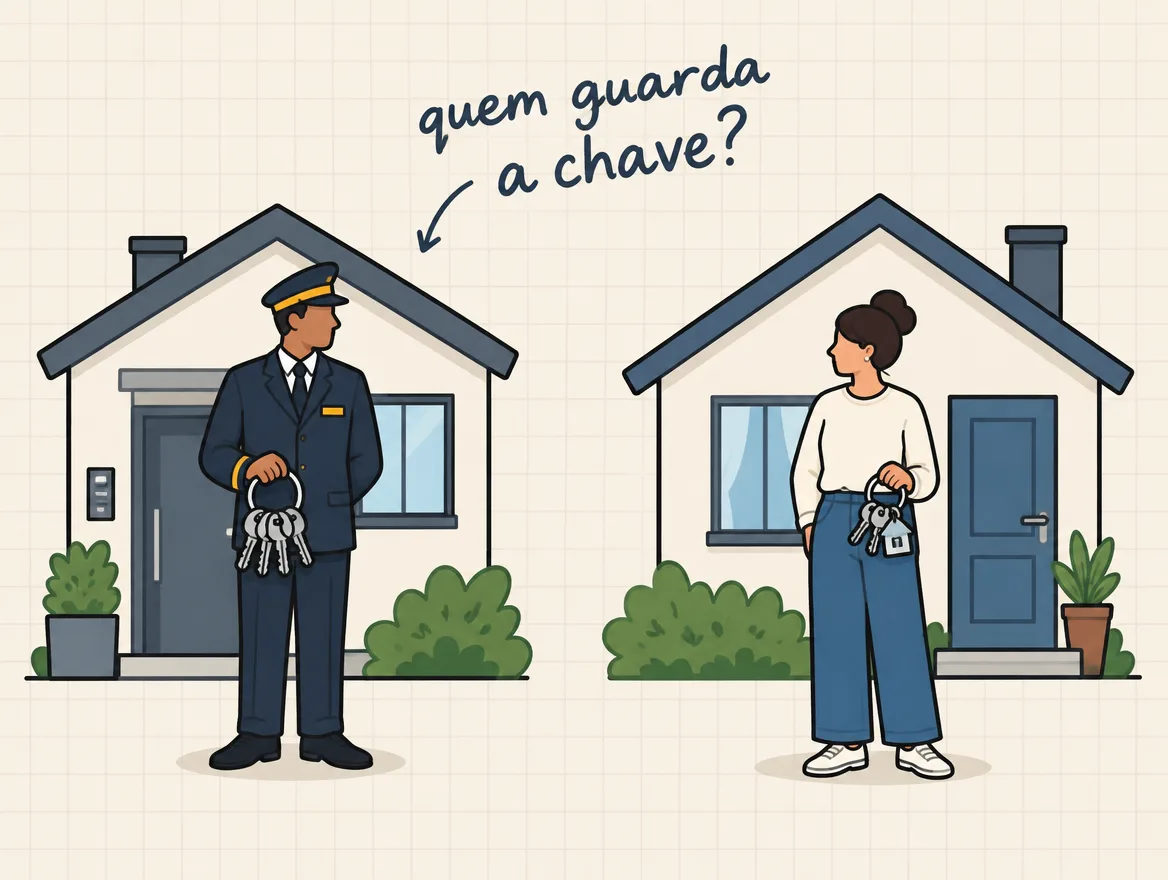 Duas casas lado a lado: numa, um porteiro segura o molho de chaves; na outra, a dona segura o próprio molho