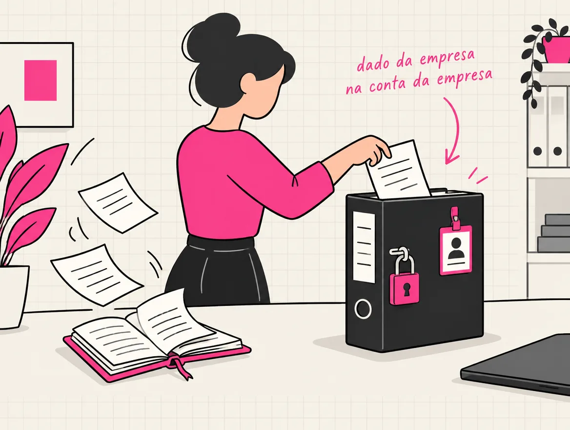 Pessoa guarda um documento no fichário trancado da empresa, ao lado de um caderno pessoal com folhas soltas