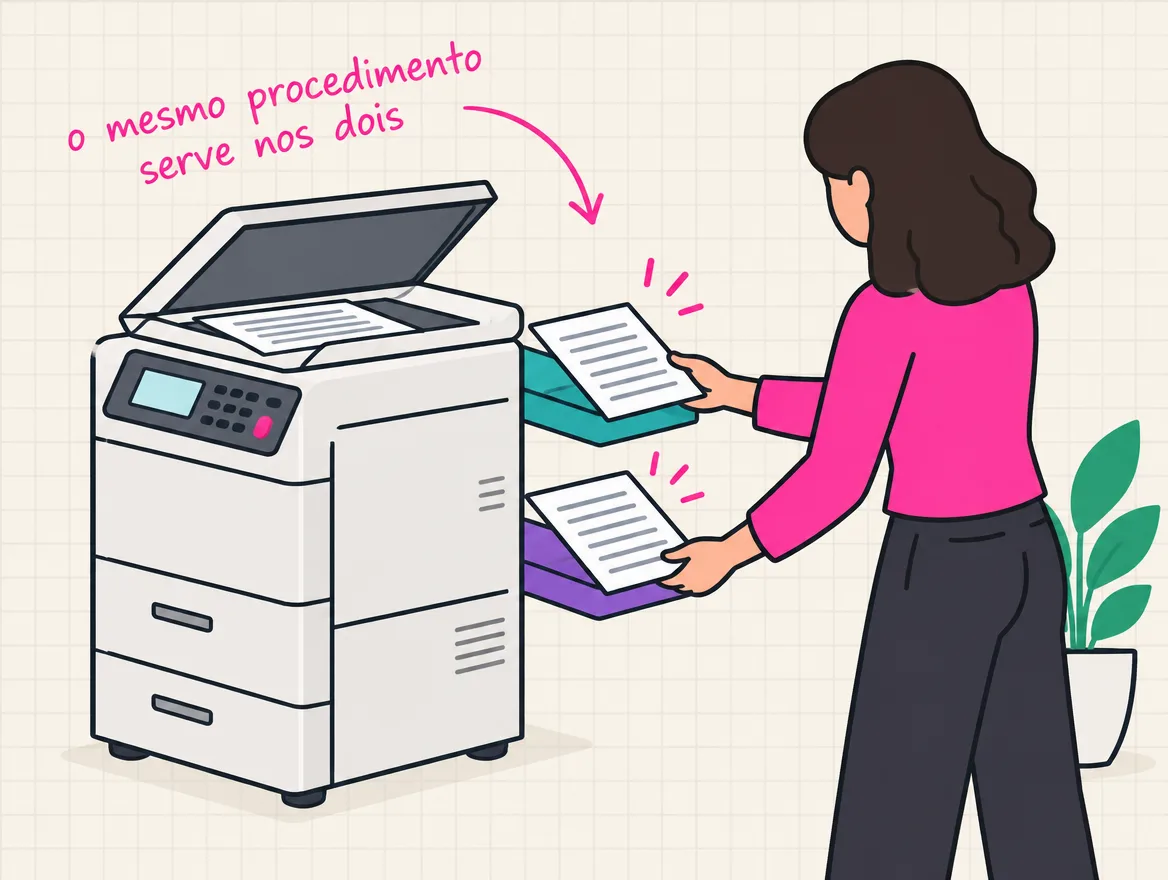 Fotocopiadora tira a mesma folha de instruções em duas bandejas de cores diferentes