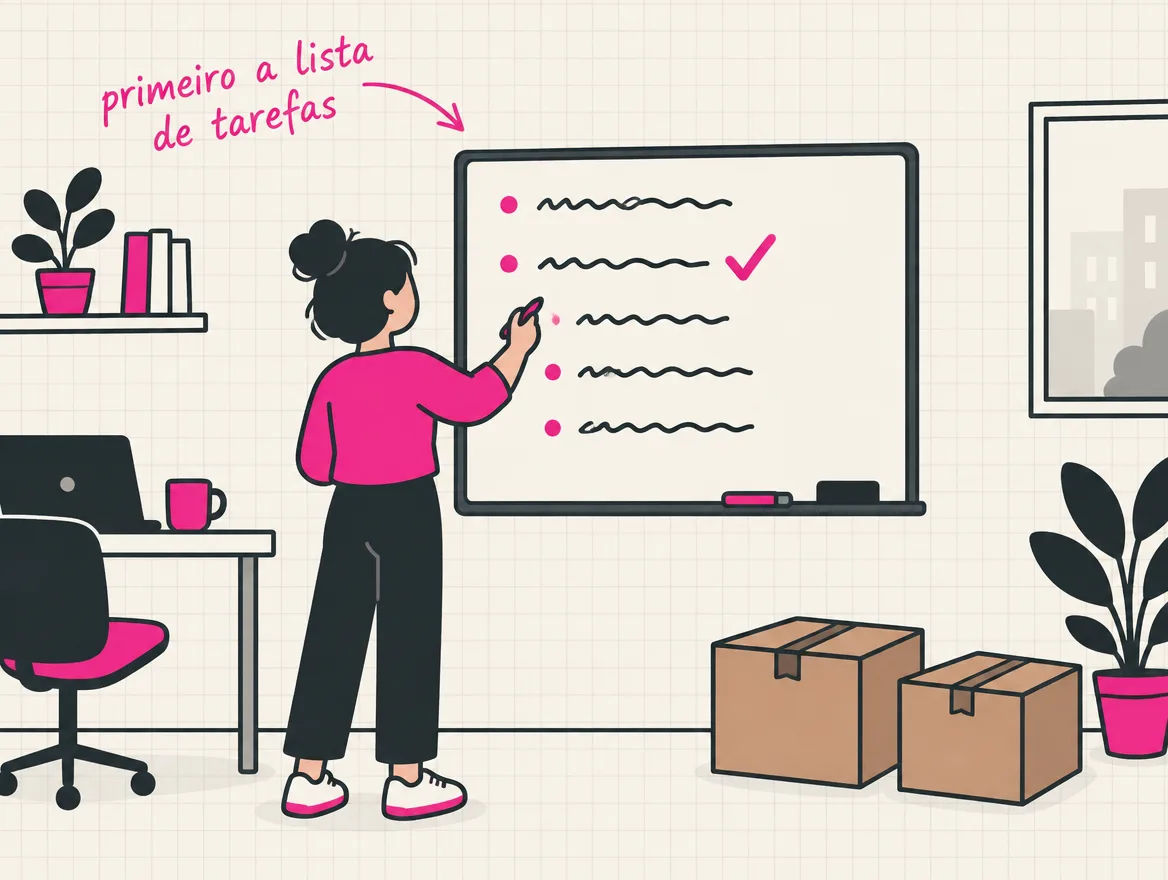 Pessoa marca uma tarefa na lista do quadro branco enquanto duas caixas ainda fechadas esperam no chão