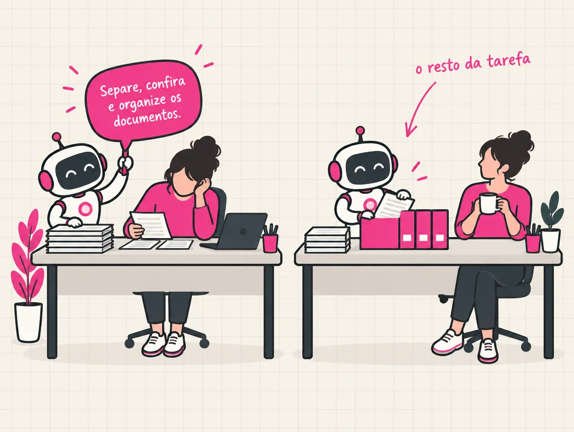 Numa mesa o robô só dá a instrução e a pessoa faz o trabalho; na outra, o próprio robô arquiva os papéis