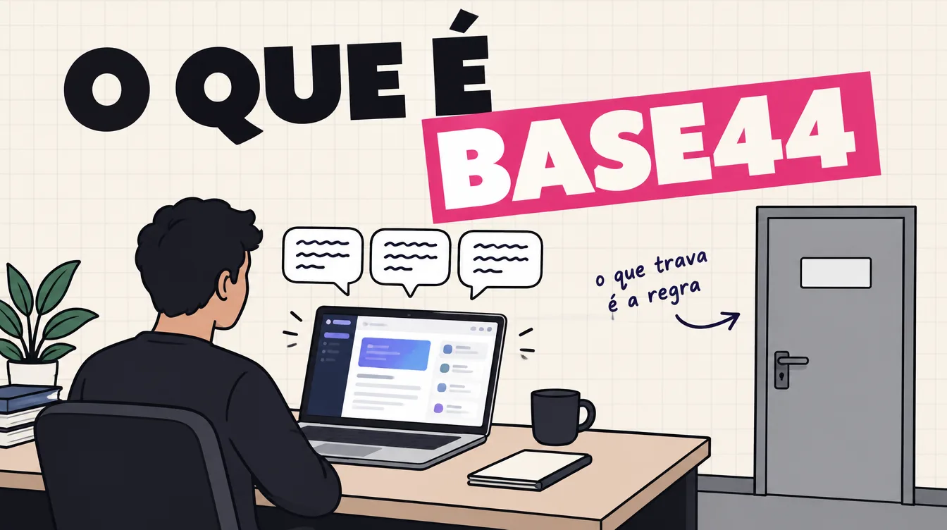 Fundador olha um app pronto no notebook enquanto a mesma mensagem se repete no chat; ao lado, uma porta com a placa em branco