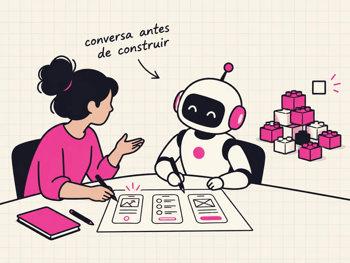Uma pessoa e um robô rabiscam as telas do app num papel enquanto os blocos de montar esperam a aprovação