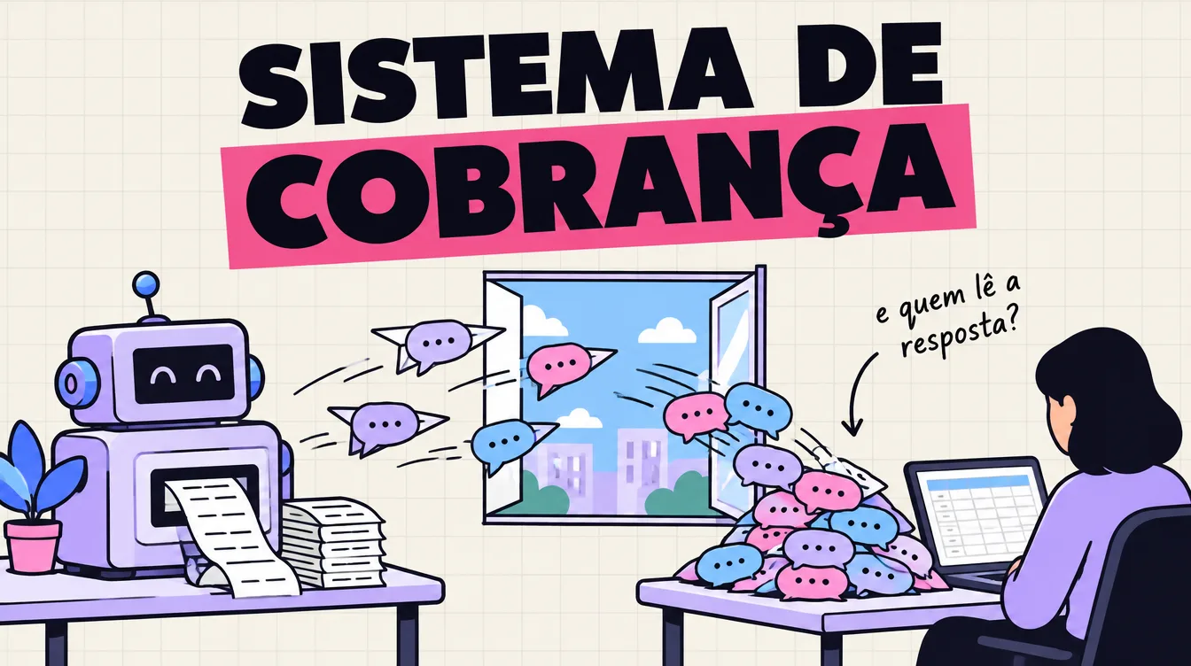 Máquina envia cobranças pela janela e as respostas dos clientes voltam e se empilham na mesa de quem cuida da planilha