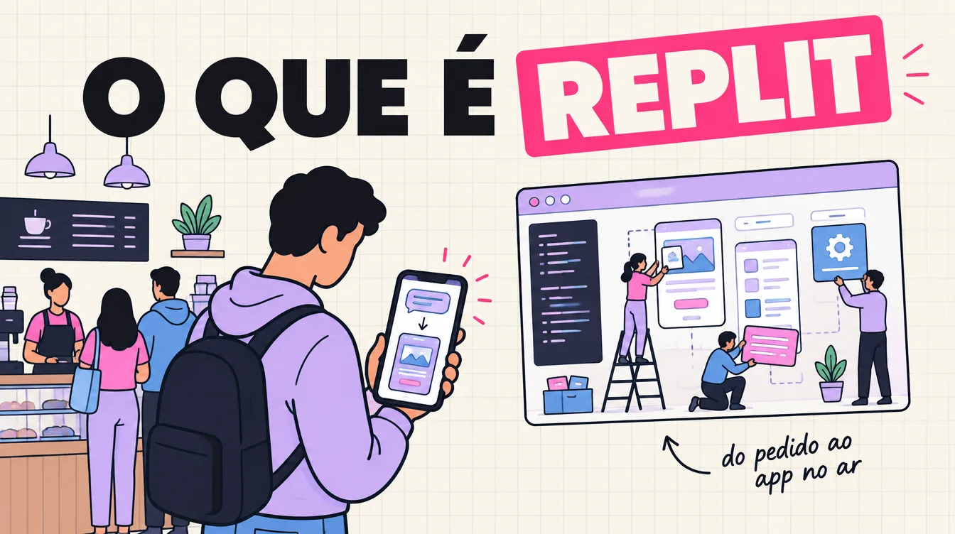 Pessoa na fila do café vê no celular um balão de conversa virar app; ao lado, uma aba de navegador monta as telas
