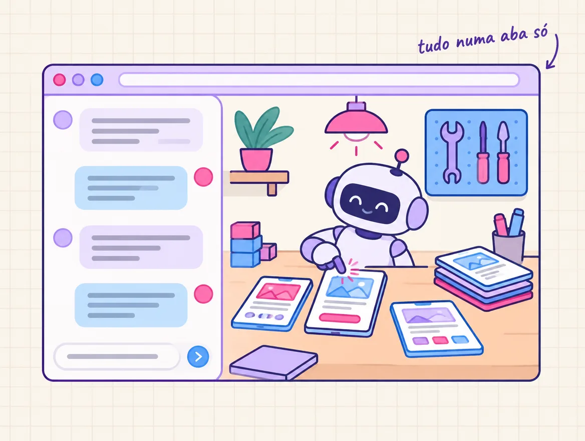Navegador aberto como uma oficina: de um lado a conversa, do outro um robô monta as telas do app e clica nelas para testar