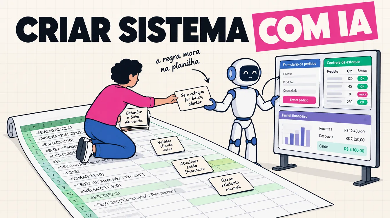 Pessoa tira cartões de regra de uma planilha gigante e entrega a um robô que monta as telas de um sistema