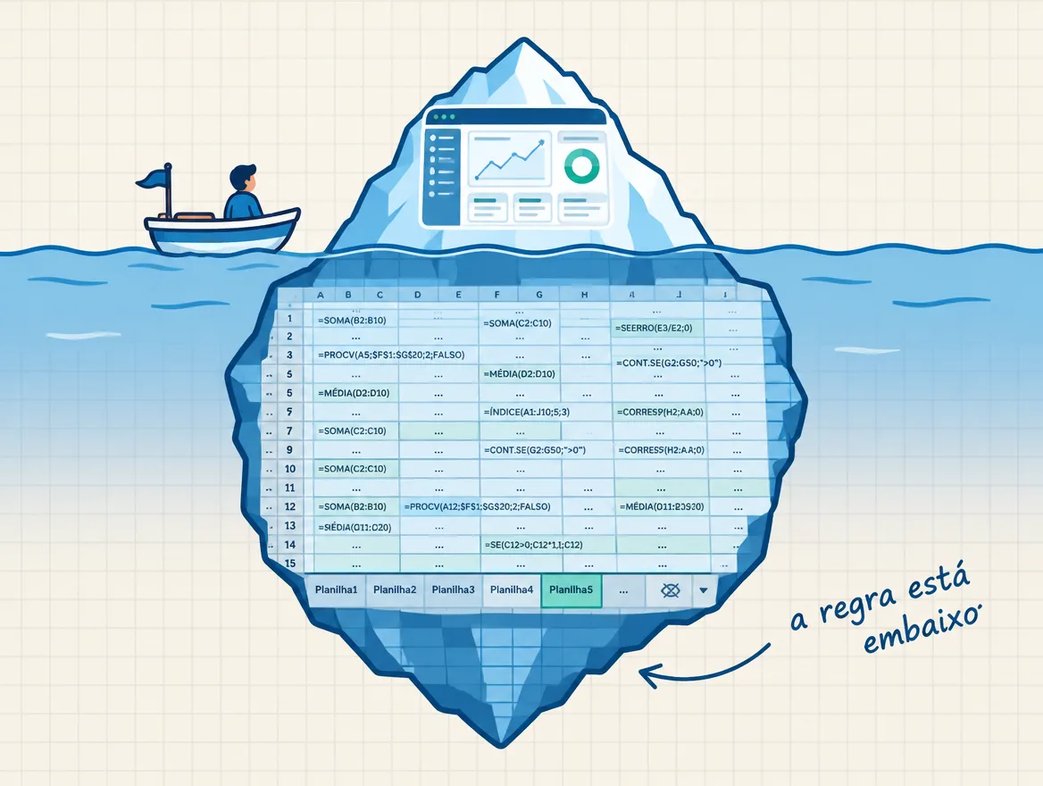 Iceberg em que a ponta acima da água é uma tela de sistema e a parte submersa é uma planilha cheia de fórmulas