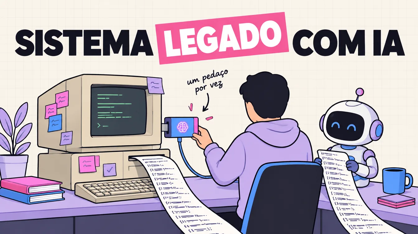 Computador antigo cheio de post-its segue ligado enquanto uma pessoa encaixa um módulo novo e um robozinho lê o código
