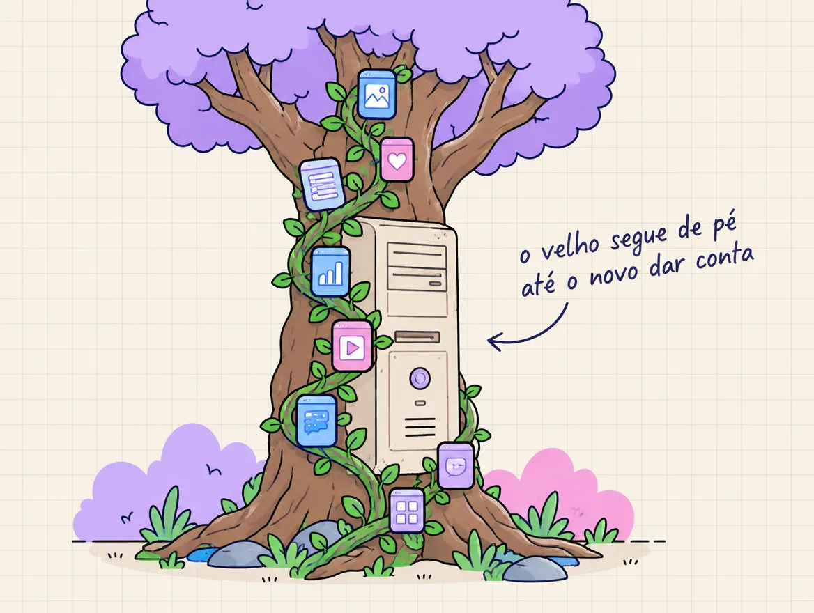Trepadeira nova cresce em volta de uma árvore velha com tronco de computador antigo, com folhas que são telas de app