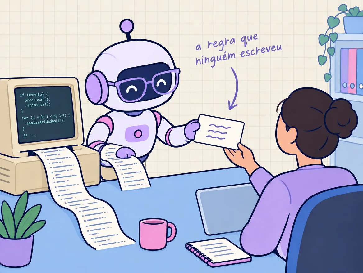 Robozinho de óculos lê o código impresso de um computador antigo e passa uma ficha escrita para uma pessoa da operação