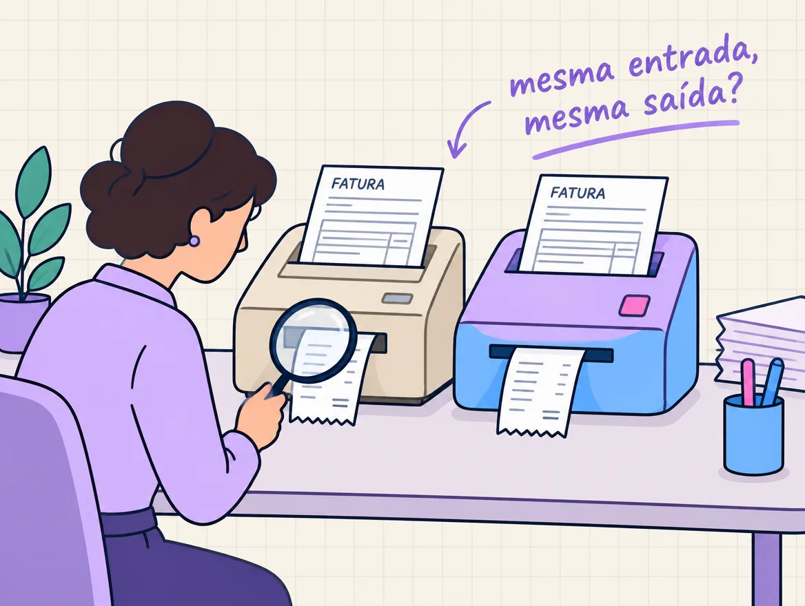 Pessoa da operação compara com uma lupa os comprovantes que saem de uma máquina antiga e de uma nova com a mesma fatura