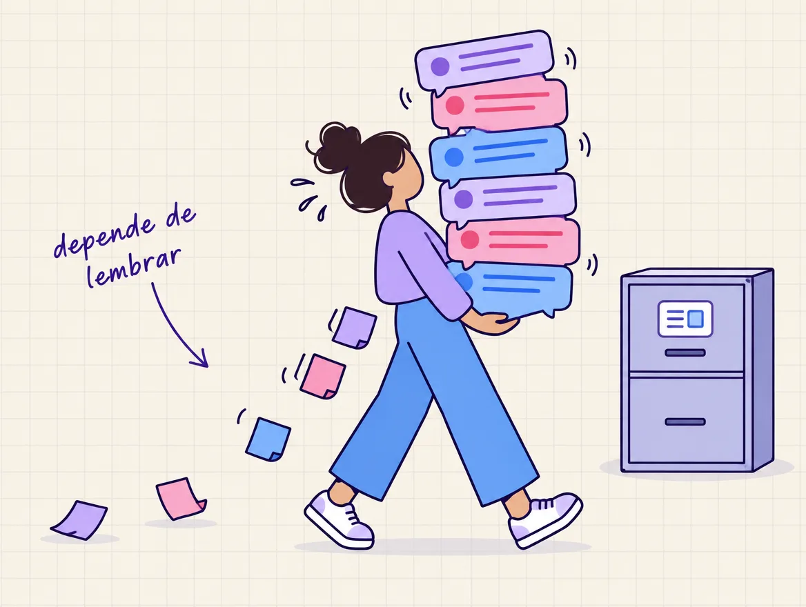 Vendedor carrega uma pilha de conversas e deixa cair lembretes pelo caminho, longe da gaveta de registros fechada