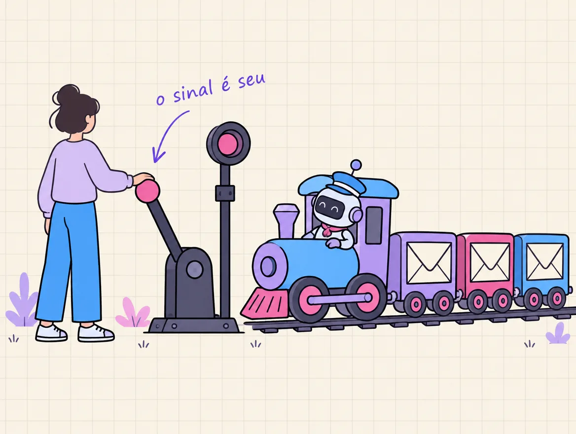Pessoa controla o sinal da linha enquanto um robô espera no trem de mensagens antes de seguir
