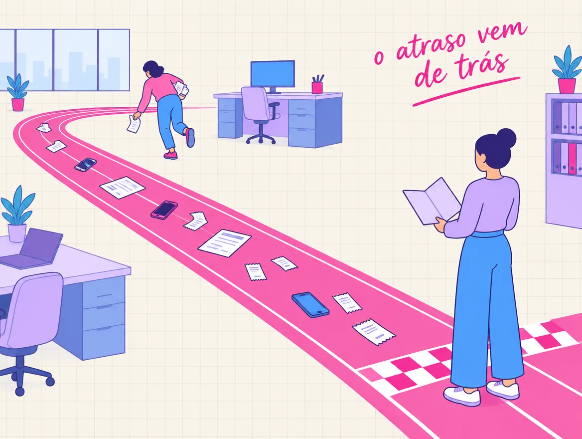 Pessoa volta pela pista recolhendo papéis e celulares espalhados, enquanto outra espera na chegada com a pasta vazia