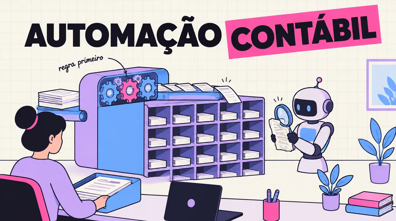 Máquina de engrenagens separa formulários arrumados sozinha, um robô lê com lupa um recibo amassado e a contadora revisa