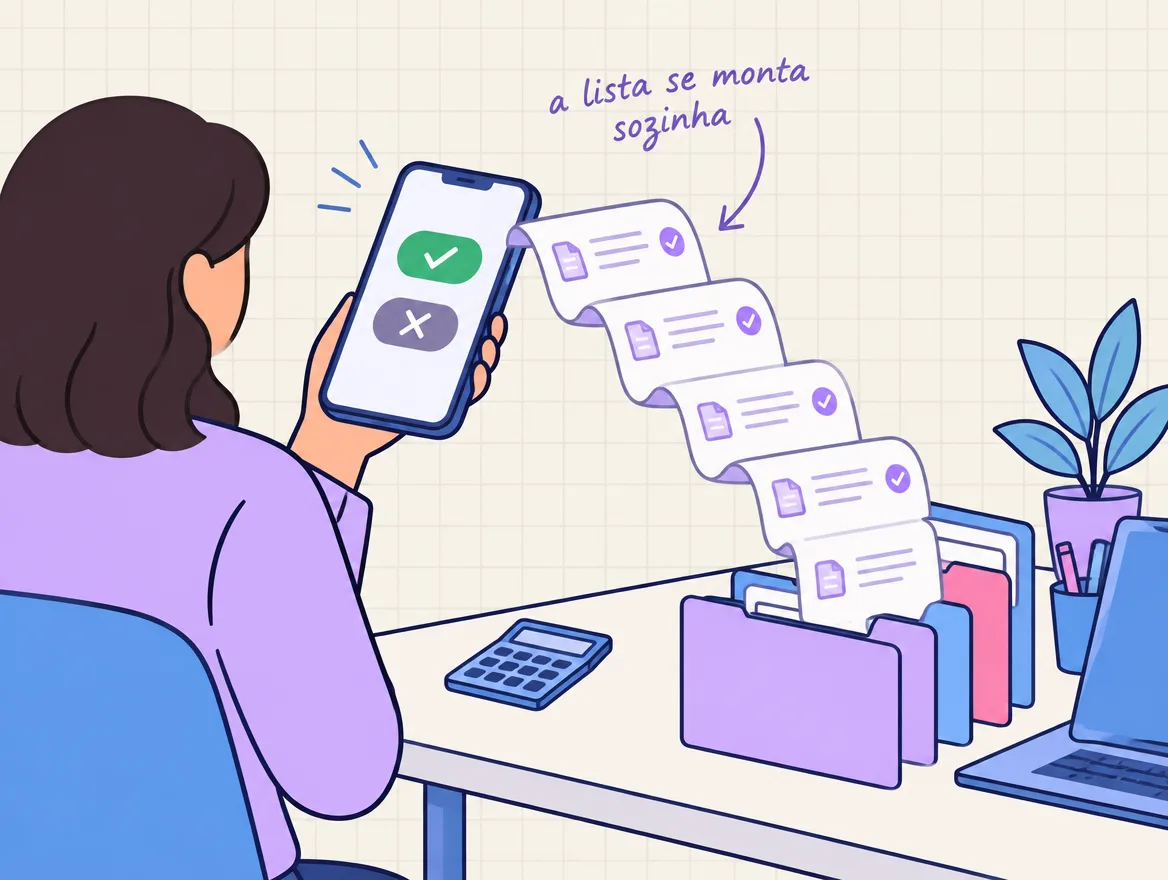 Cliente toca botões de sim e não no celular e uma lista de documentos se desdobra sozinha em pastas na mesa