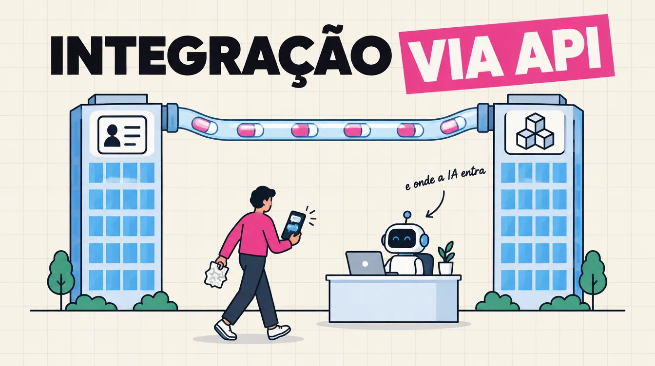 Dois prédios ligados por um tubo com cápsulas arrumadas e, no chão, uma pessoa levando um papel amassado a um robô