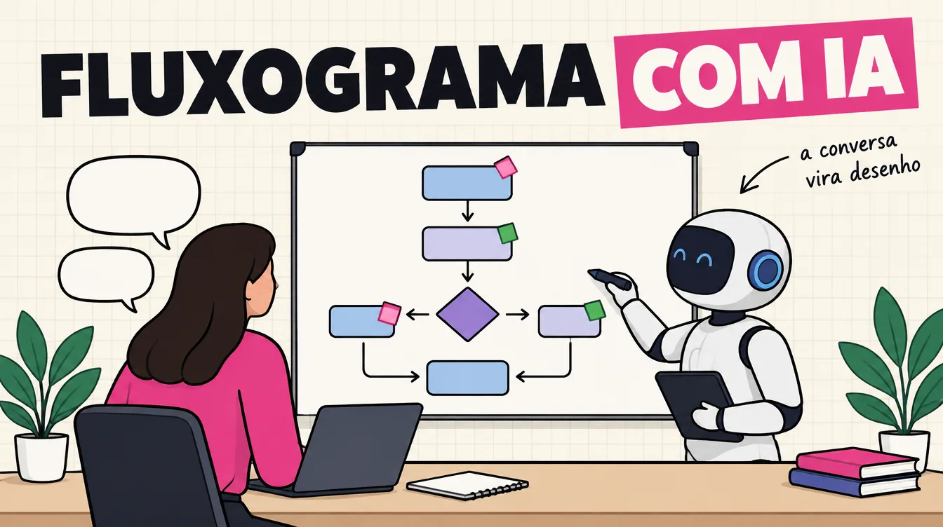 Pessoa conta como um pedido vira compra e um robô desenha o fluxograma no quadro branco, com etiquetas nas caixas