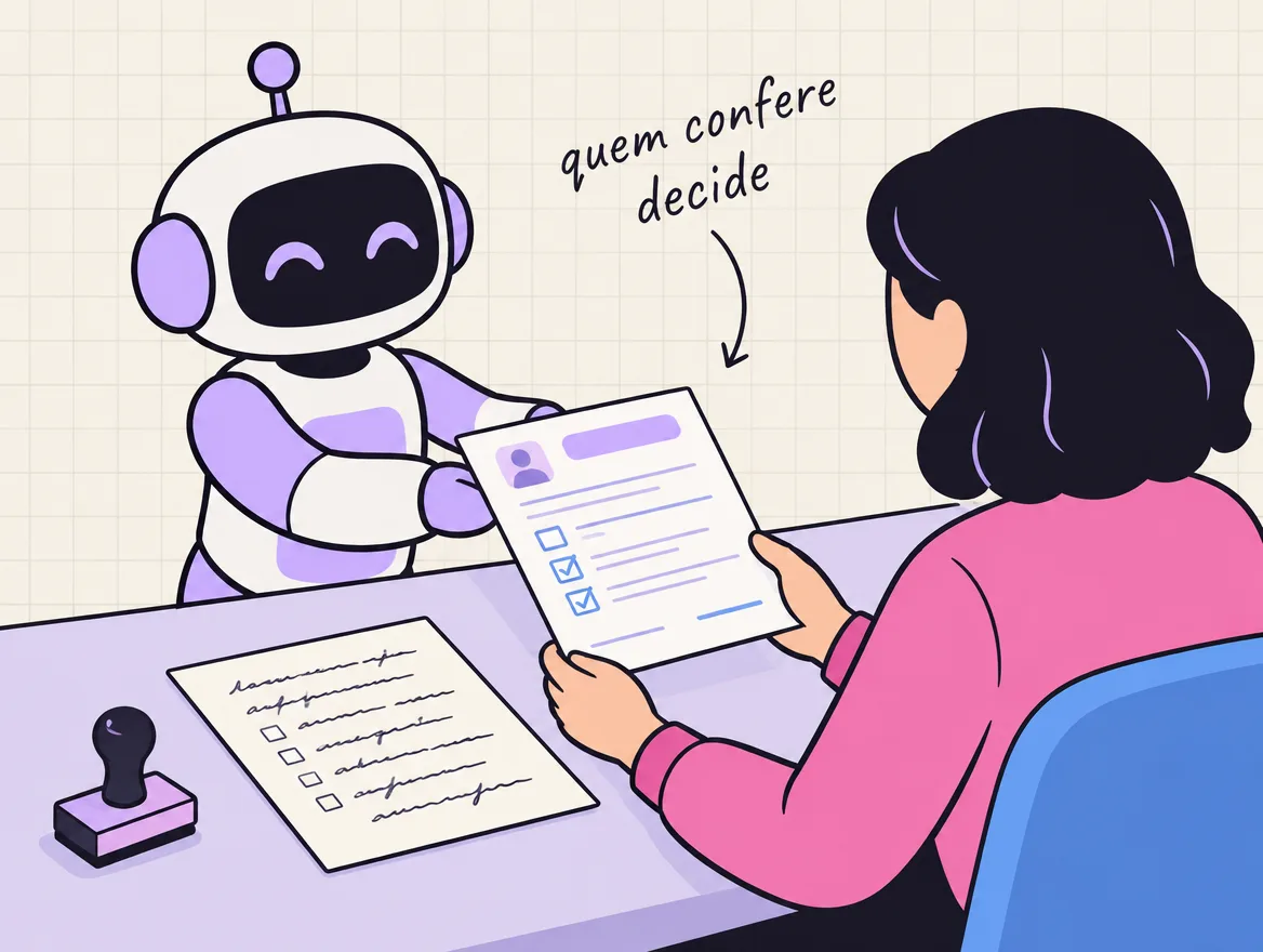 Robô entrega um formulário a uma pessoa que compara com o papel original antes de carimbar