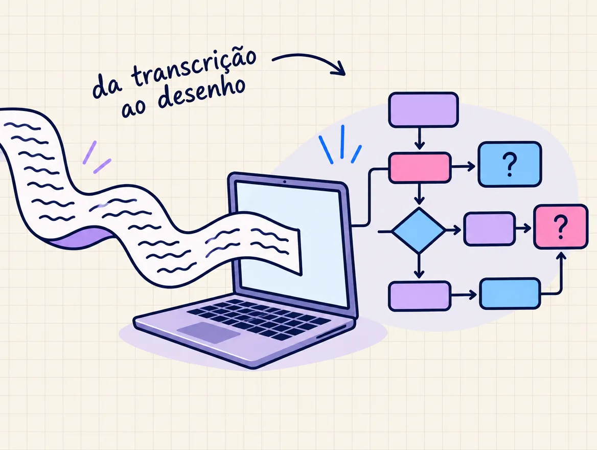 Uma fita de transcrição entra no notebook e sai um fluxograma arrumado, com caixas marcadas por interrogação