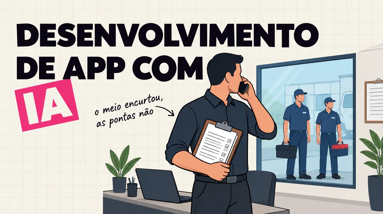 Sócio ao telefone com uma prancheta de ordens de serviço em papel enquanto técnicos de campo esperam do lado de fora