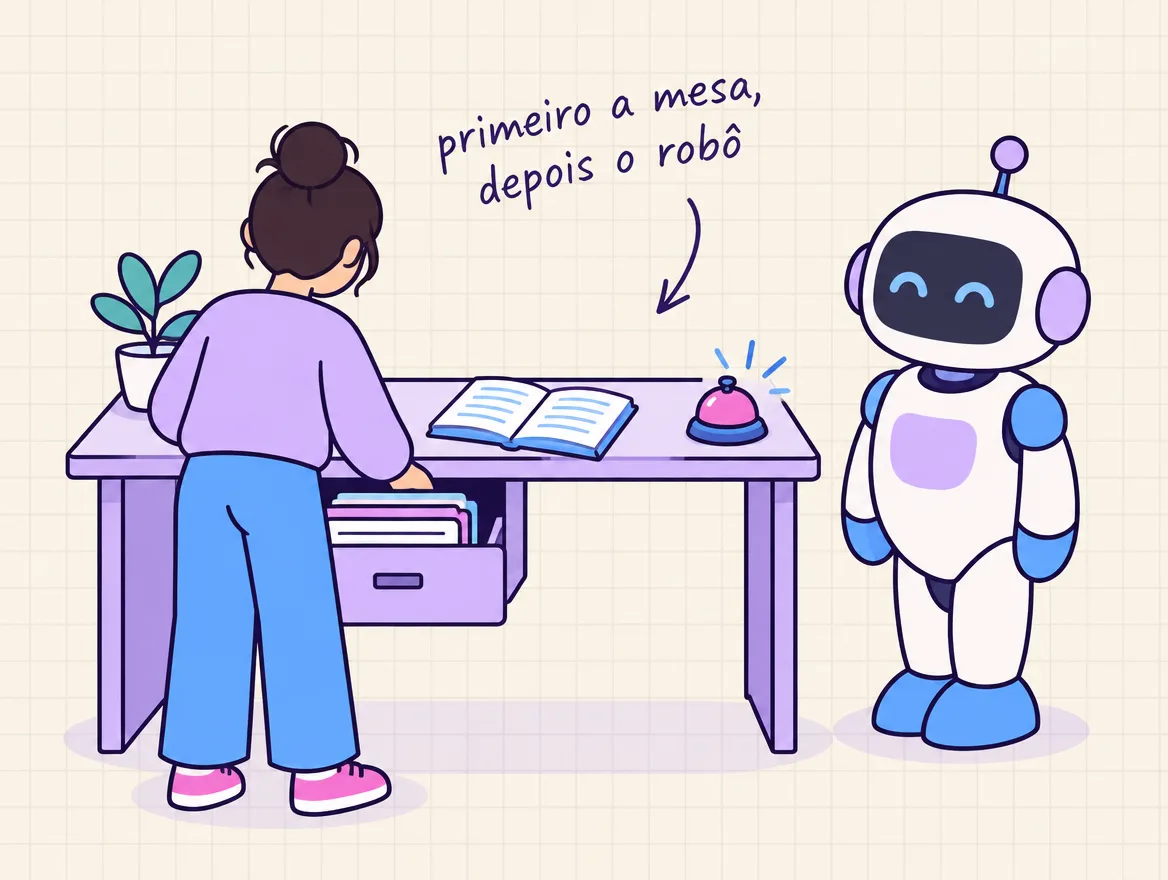 Antes do robô começar, uma pessoa arruma a mesa dele com a gaveta de documentos, o livro de regras e a sineta