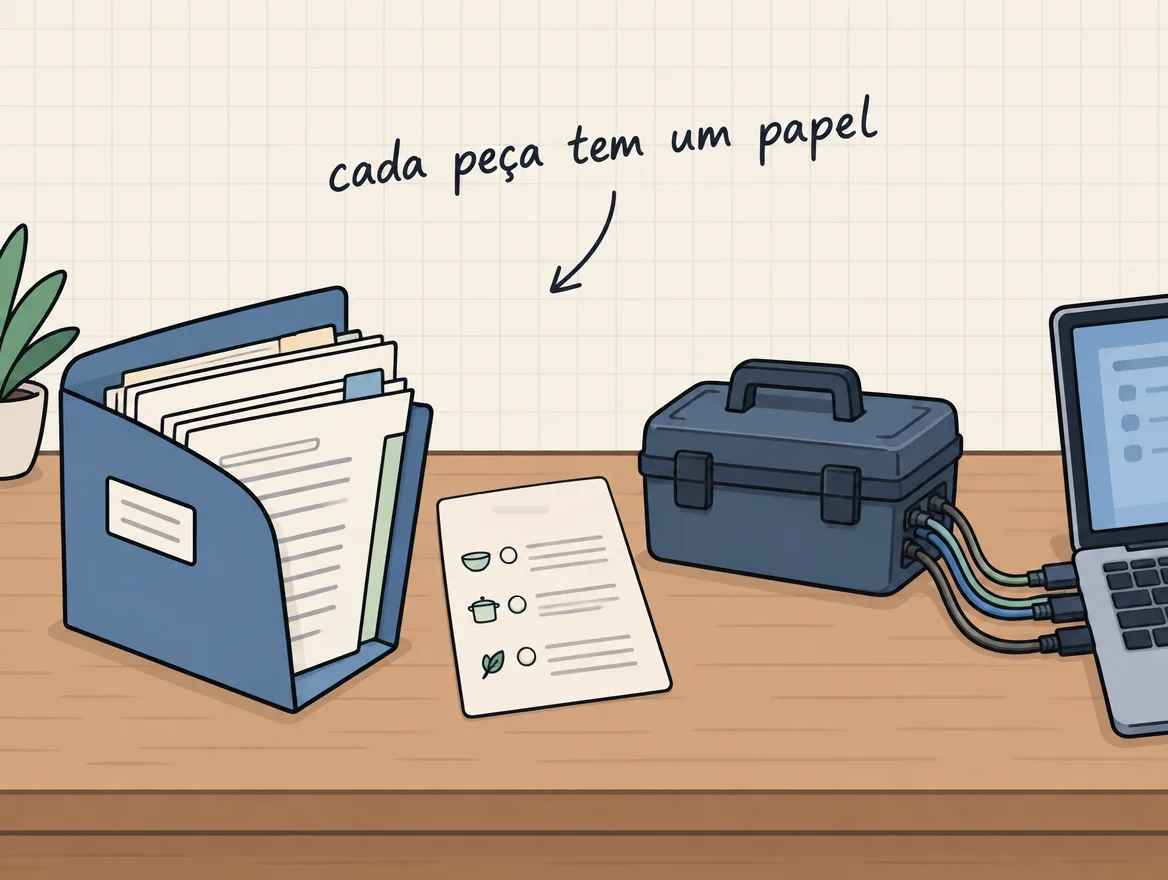 Mesa com uma pasta de arquivos, um cartão de instruções e uma caixa de ferramentas com cabos ligados ao notebook