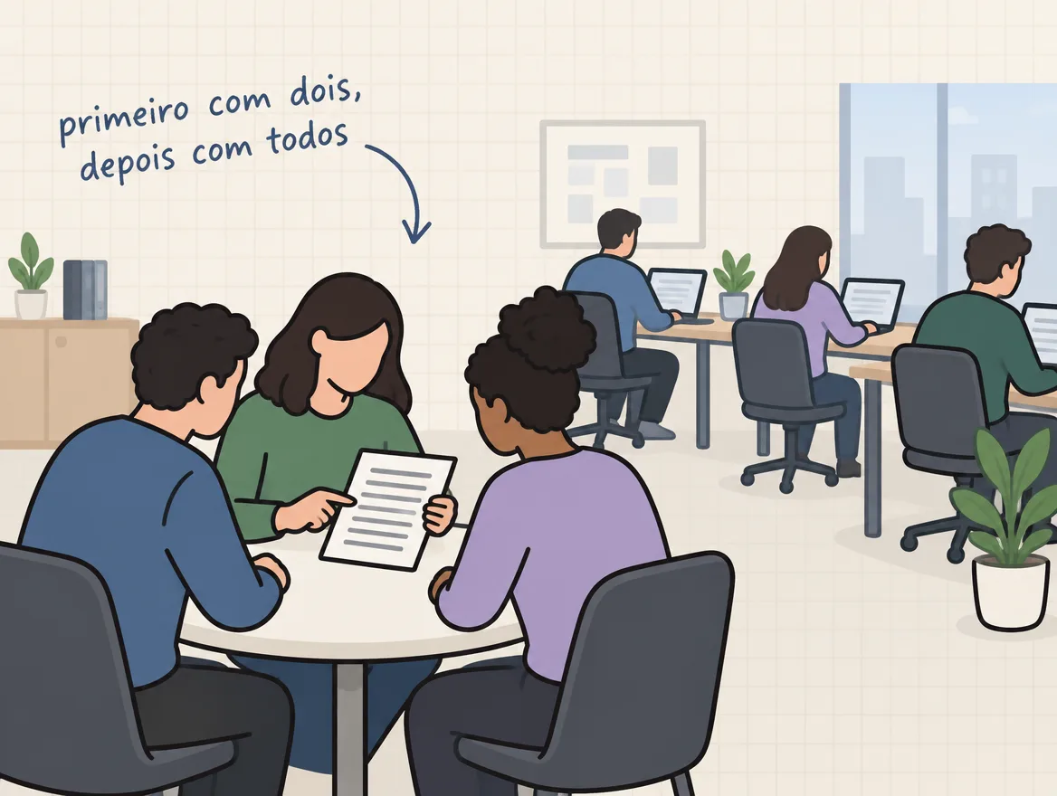Pessoa testa uma nova folha de instruções com dois colegas numa mesa pequena enquanto o resto do time trabalha ao fundo